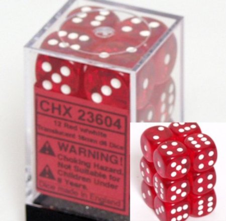 Translucent 16mm d6 Red w/White Dice Block 12 pipped dice