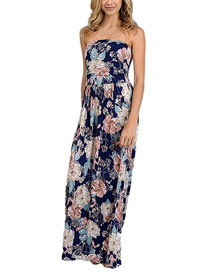 YIHUAN Women's Strapless Wrapped Chest Floral Print Maxi Dress