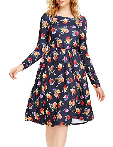 SE MIU Women Round Neck Long Sleeve Floral Casual Dress With Pocket