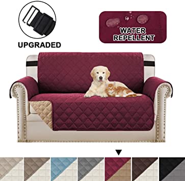 BellaHills Waterproof Sofa Protectors 2 Seater from Pets/Dogs Couch Covers Love Seat Cover Non-Slip Furniture Covers for Sofa with Strap, Soft Thick Quilted Reversible (2 Seater: Burgundy/Tan)