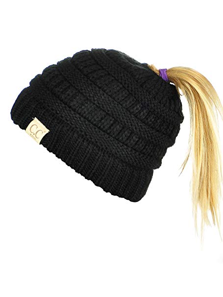 C.C BeanieTail Kids' Children's Soft Cable Knit Messy High Bun Ponytail Beanie Hat