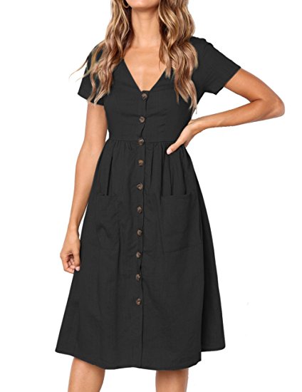 BaseLife Women's Summer Solid Color Short Sleeve V Neck Button Down Casual Swing Midi Dress with Pockets