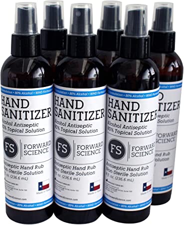 Hand Sanitizer - 80% Alcohol - World Health Organization Formula - 8 fl. oz. 6 Pack - Liquid Spray - Made in USA
