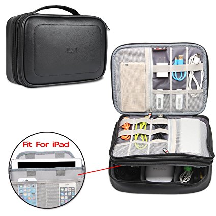 BUBM Electronic Accessories Bag, PU Travel Gadget Organizer Case for Cables, Charger, Plugs, Earphone, Flash Hard Drive and More--a Sleeve Pouch for iPad (Large, black)