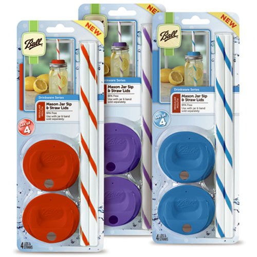 Jarden Home Brands Ball Mason Jar Regular Sip and Straw Lids (4 Lids 4 Straws)