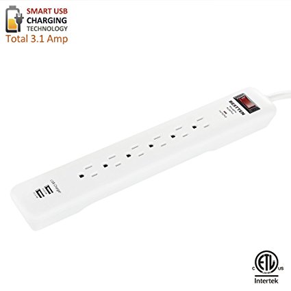 BESTTEN Multifunctional Power Strip Surge Protector with 2 USB Charging Ports and 6 Electrical Outlets, White, ETL Certified, 12 Month Warranty