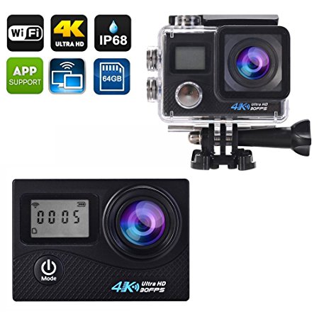 Action Camera 4k Sports Underwater Outdoor Waterproof up to 30m Dual Screen Wifi 170 Wide Lens 2 Batteries Full Accessories Kits