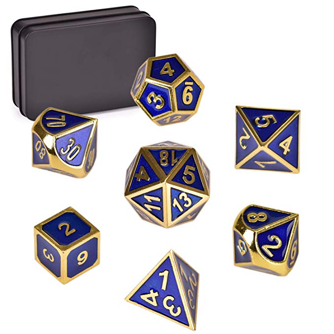 Zinc Alloy Metal Dice Polyhedral Dice 7PCS D20 D12 D10 D8 D6 D4 for Dungeons and Dragons DND RPG MTG Table Games and Math Teaching with Metal Box(Blue Gold)