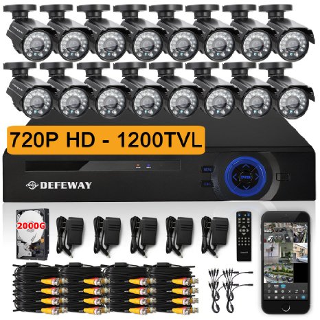 DEFEWAY 720P HD 1200TVL Surveillance Camera 16 Channel DVR Security System 2TB Hard Drive - Quick Remote Access Setup with Free App - Outdoor CCTV Camera with 100ft(30m) IR Night Vision