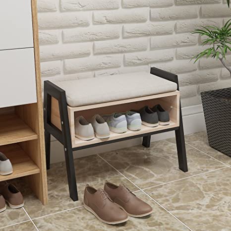 Huisenuk Stackable Wood Shoes Rack Bench with Seat Changing Shoes Stool for Hallway Door Entryway Shoes Storage Cabinet Rack with Free Cushion