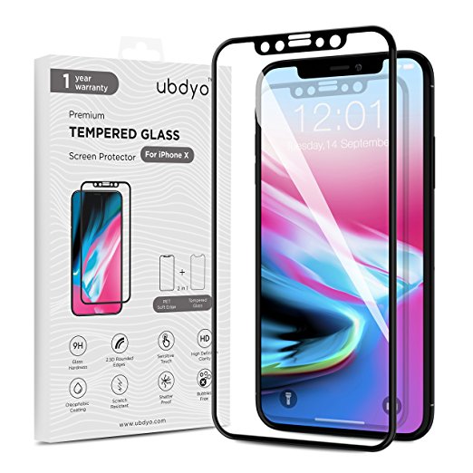 iPhone X Screen Protector ubdyo - HD Clear Tempered Glass Screen Protector [3D Full Coverage] - Ultra Thin 9H Protective Film [2.5D Black Pet Soft Edge] for Apple iPhone X / 10 [2017]