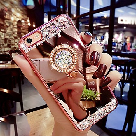 iPhone 6s Plus Case, Surpriseyou Luxury Crystal Rhinestone Soft Rubber Bumper Bling Diamond Glitter Mirror Makeup Case with Ring Stand Holder for iPhone 6 Plus & 6s Plus (Rose Gold)