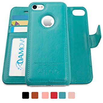 AMOVO iPhone 7 Case, iPhone 7 Wallet Case [Detachable Wallet Folio] [2 in 1] [Premium Vegan Leather] iPhone 7 Flip Cover with Gift Box Package (iPhone 7, Aqua)