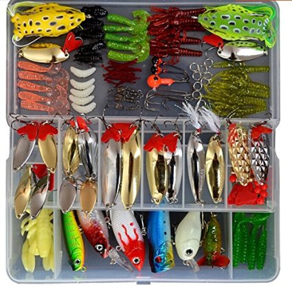 Bluenet 129pcs Fishing Lure Set Including Frog Lures Spoon Lures Soft Plastic Lures Popper Crank Rattlin and More
