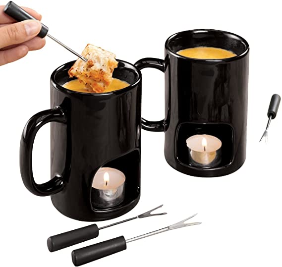 Personal Fondue Mugs Set of 2 | Ceramic Fondue Mugs and Forks (Single Vent)