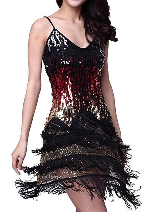 Vijiv Women's Adjustable Strap Gradient Sequin Fringe Dance Party Dress