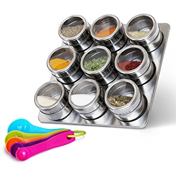 Nellam Spice Rack Magnetic with Stainless Steel Stand and Wall Mount, 9 Storage Jars For Spices Organizer Tins and Measuring Spoon - Stainless Steel Kitchen Containers with Clear Top