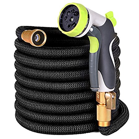 YEAHBEER 50 ft Garden Hose,Latex Core with 3/4 Solid Brass Fittings,Durable and Lightweight Expandable Water Hose,8-Mode High Pressure Spray Nozzles,Free Storage Bag   Hook