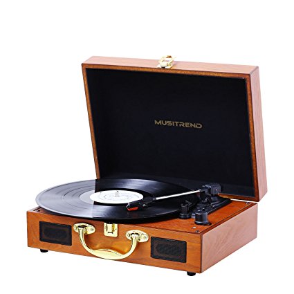 Musitrend Turntable Portable Suitcase Record Player with Built-in Speakers, PC Recorder, Headphone Jack, RCA line out - Wood