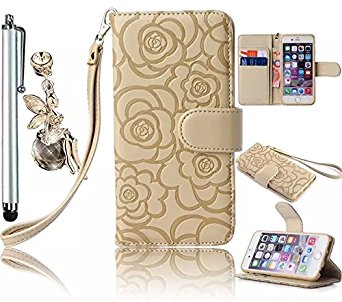 iPhone 6S Plus/6 Plus Wallet Case,Vandot Premium Emboss Flower Flip Folio Stand Wallet Shell PU Leather Magnetic Closure Protective Cover Skin For iPhone 6S Plus/6 Plus 5.5 Inch with Wrist Strap-Beige