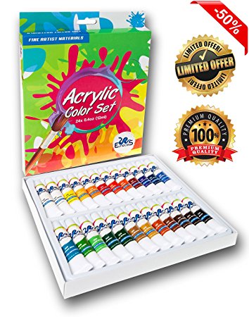 ACRYLIC PAINT SET - Best Artist Kit of 24x12ml - Color Paint - For Kids Adults Beginners and Professionals - Ebook - For Canvas, Wood, Clay, Fabric, Nail Art, Ceramic And Crafts - Money Back Guarantee