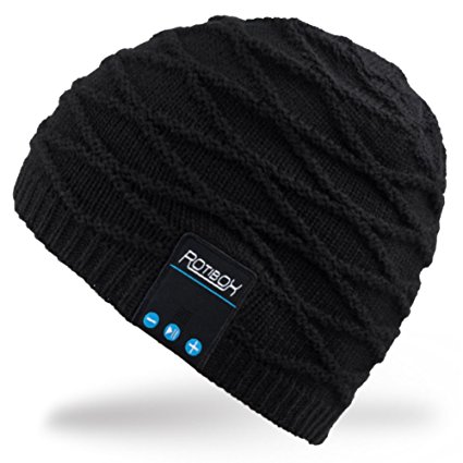 Rotibox Rechargeable Bluetooth Audio Beanie Hat Fashional Double Knit Skully Cap w/ Wireless Stereo Headphone Headset Earpiece Speakerphone Mic for Sports Skating Hiking Camping Christmas Gift- Black