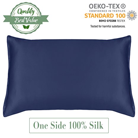 MYK 100% Pure Natural Mulberry Silk Pillowcase, 19 Momme with Cotton underside for Hair & Facial Beauty, Queen Size 20"x30", Navy Blue, 1pc