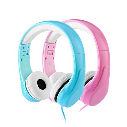 [Volume Limited] LINKWIN Kids Safety Foldable Stereo Headphones,3.5mm Jack Wired Cord Earbuds, Volume Controlled at 85dB On/Over Ear Children toddler Headset,for iPad Kindle Airplane School, BLUE&Pink
