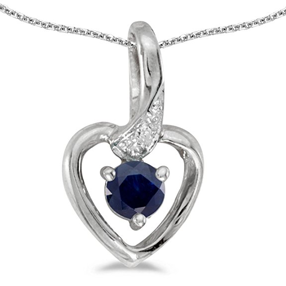 14k White Gold Round Sapphire And Diamond Heart Pendant with 18" Chain