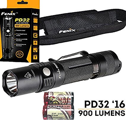 Fenix PD32 2016 Edition 900 Lumen LED Tactical Flashlight, shorter than PD35 Palm/Pocket Size Torch Strobe SOS with holster and Two LegionArms CR123A Batteries