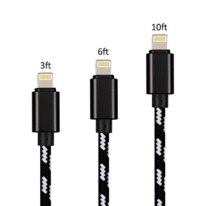 NEXCABLE iPhone cable, 3Pack 3FT 6FT 10FT Nylon Braided Cord Lightning Cable Certified to USB Charging Charger for iPhone 7,7 Plus,6S,6 Plus,SE,5S,5,iPad,iPod Nano 7 - Black