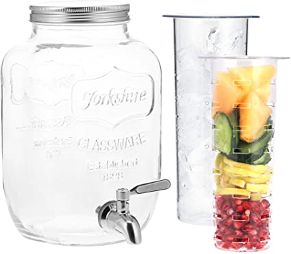 Navaris Beverage Dispenser with Spigot - 1 Gallon (4 L) Glass Drink Jar with Fruit Infuser and Ice Insert - for Hot or Cold Drinks, Water, Parties