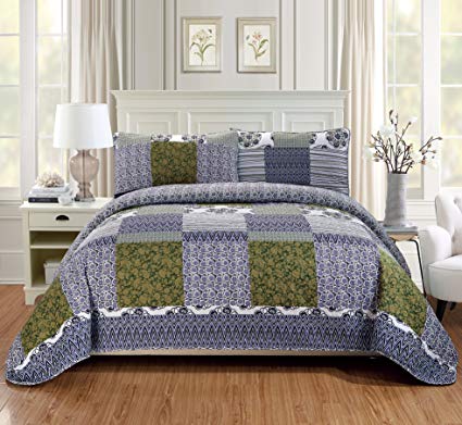 Fancy Linen 2pc Twin/Twin Extra Long Quilt Bedspread Set Over Size Bed Cover Squares Floral Stripped Zig Zag Green Purple Blue White New