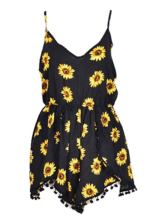 Lanzom® Women Summer Vintage V Neck Straps Sunflower Print Romper Jumpsuit