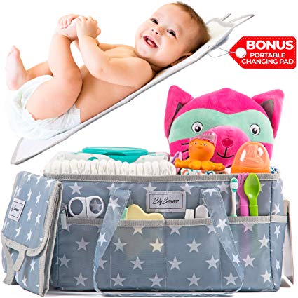 Diaper Storage Caddy Nursery Organizer | Grey Baby Diaper Caddy & Portable Changing Pad | Suitable for Car Travel Picnic & Nursing Station