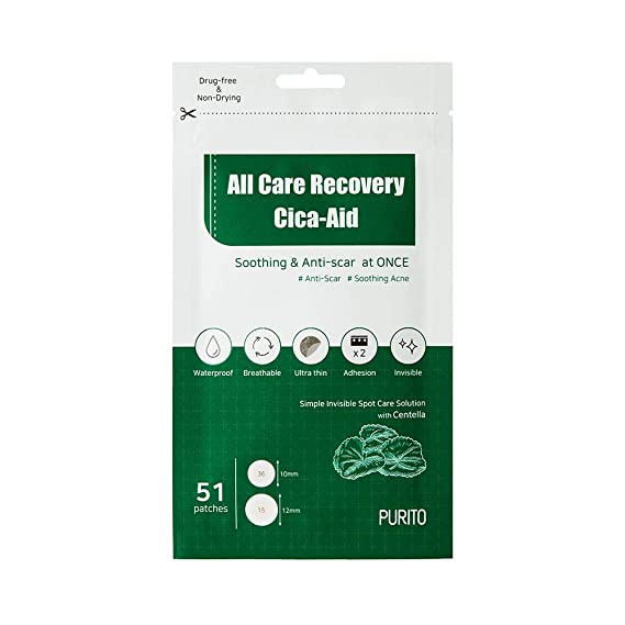 PURITO All Care Recovery Cica-Aid 51 Patches,Blemish Spot, Acne pimple spot treatment, hydrocolloid Dots, Acne patch, Pimple Master, Absorbing cover, Centella, Invisible, Healing Patch, Non-drying