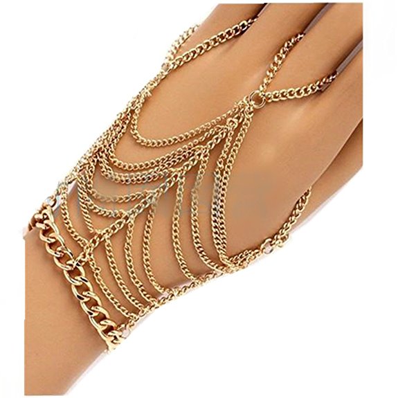JoJo & Lin Gold Tone Dangling Hand Chain Harness Bracelet With Finger Ring