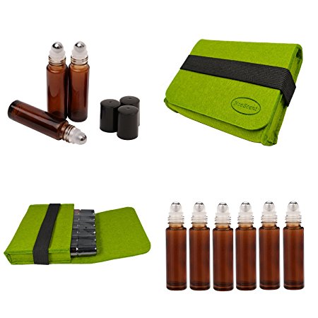 Refillable 10ML Rollon Bottle Stainless Roller Ball Set Include 6 Piece Roller Ball Bottle Portbale Case and Patent Oil Key Tool (10ML, Brown)
