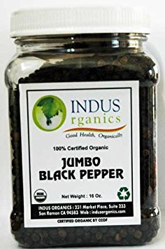 Indus Organics Tellicherry Jumbo Black Peppercorns, 1 Lb Jar, Premium Grade, High Purity, Freshly Packed