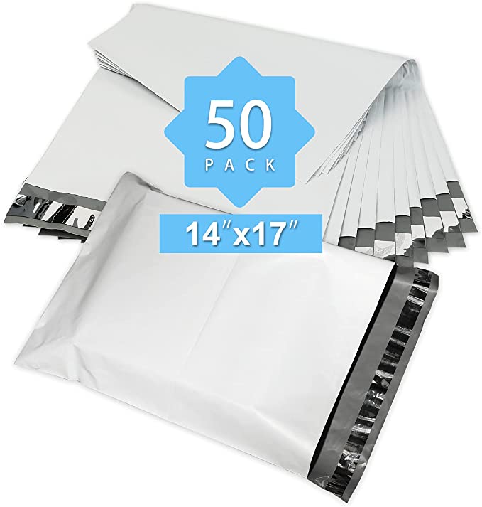 14x17 50pcs 2.0 Mil White Poly Mailers Bulk Envelopes Shipping Bags for Clothing Seal Sealing Waterproof & Tear-Proof Expandable Large Postal Polyethylene Bags for Business Office Packaging