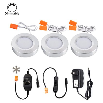 B-right Set of 3 Dimmable LED Puck Lights, UL Power Adapter, Series Installation, Total of 9W, 810lm, DC 12V, 3000K Warm White
