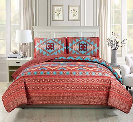 Rustic Western Southwestern Native Indian American Tribal 2 Piece Extra Long Twin Quilt Bedspread Set In Turquoise Red Orange Brown Rust Bedspread Quilt Set (2PC Austin Brown Twin)
