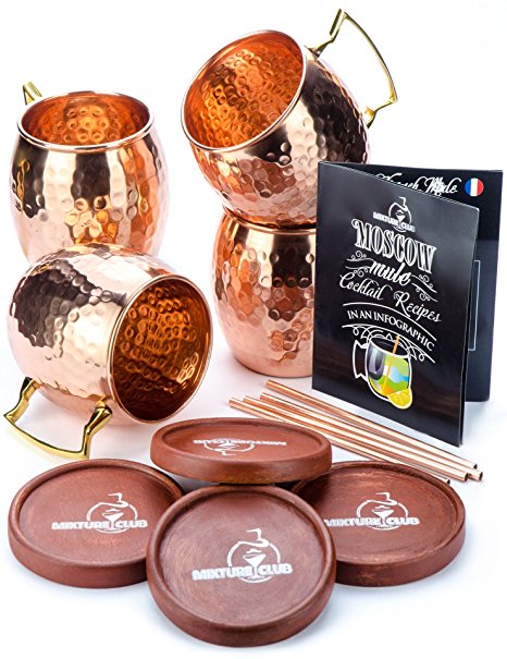 Authentic Moscow Mule Copper Mugs Set of 4 (16oz) -- Heavy Weight -- No Nickel -- Best Gift for Woman and Men -- Includes 4 Wooden Coasters, 4 Straws and Printed Moscow Mule Cocktail Manual