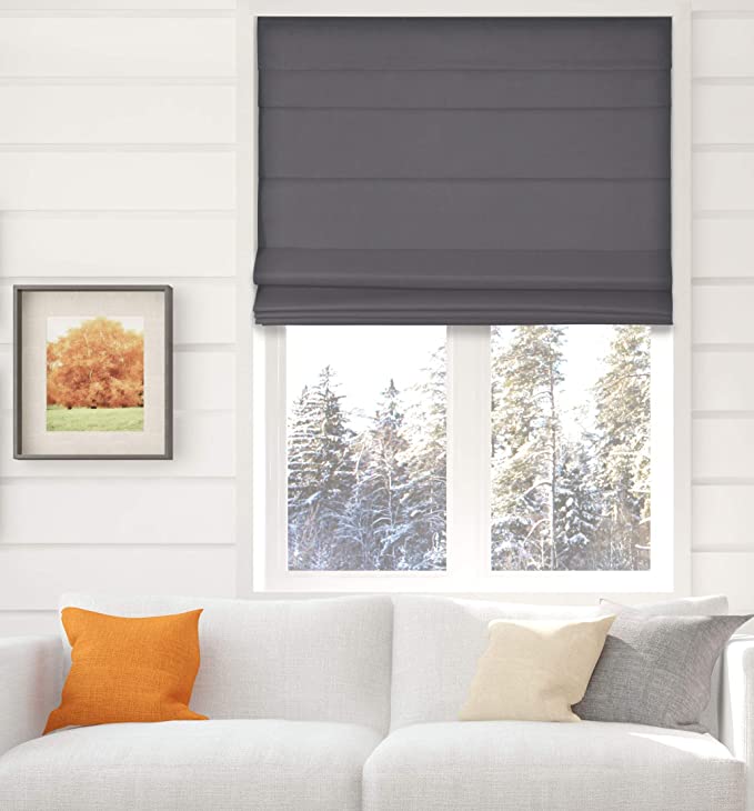 Arlo Blinds Thermal Room Darkening Fabric Roman Shades, Color: Graphite, Size: 35" W X 60" H, Cordless Lift Window Blinds