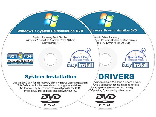 Windows 7 (SP1) 32 & 64 bit Reinstall Install DVD Disc Home Basic Premium Professional Ultimate - 2017 Driver DVD Included - 2 Disc Installation Kit