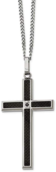 Saris and Things Stainless Steel Black Carbon Fiber Inlay & Black Diamond Cross Necklace 22in