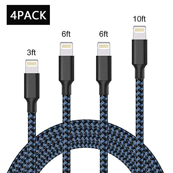 Ninasill Phone Charger, 4Pack 3FT 6FT 6FT 10FT Nylon Braided Charging Cables USB & Syncing Charger Cord Compatible Phone X/8/8 Plus/7/7 Plus/6s/6s Plus/6/6 Plus/5/5S/5C/SE/Pad(Black&Blue)