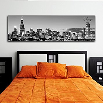 B&W Panoramic Chicago 2 14x48 Wrapped Canvas Framed & Ready to Hang by