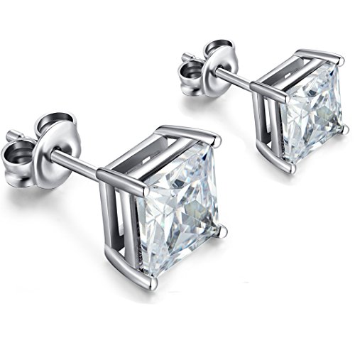 Han han Sterling Silver Princess Cut Cubic Zirconia Stud Earrings,Square Shaped CZ Stud Earrings,Select From 4mm 5mm 6mm 7mm 8mm