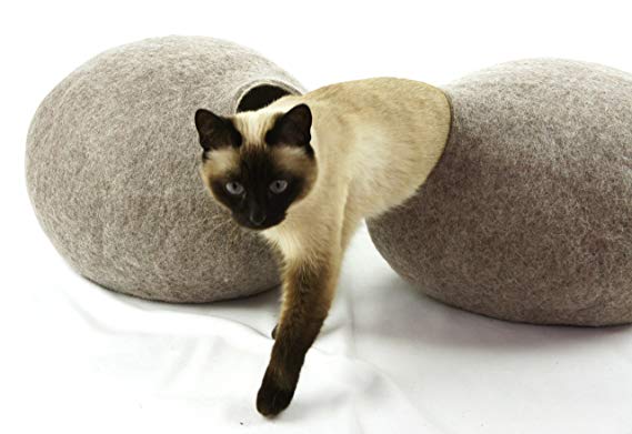 Cat Bed, House, Cave, Nap Cocoon, Igloo, 100% Handmade from sheep wool , Kivikis Size - Large, 6-8 kg (13-16 pounds) cat. (Sand Brown)